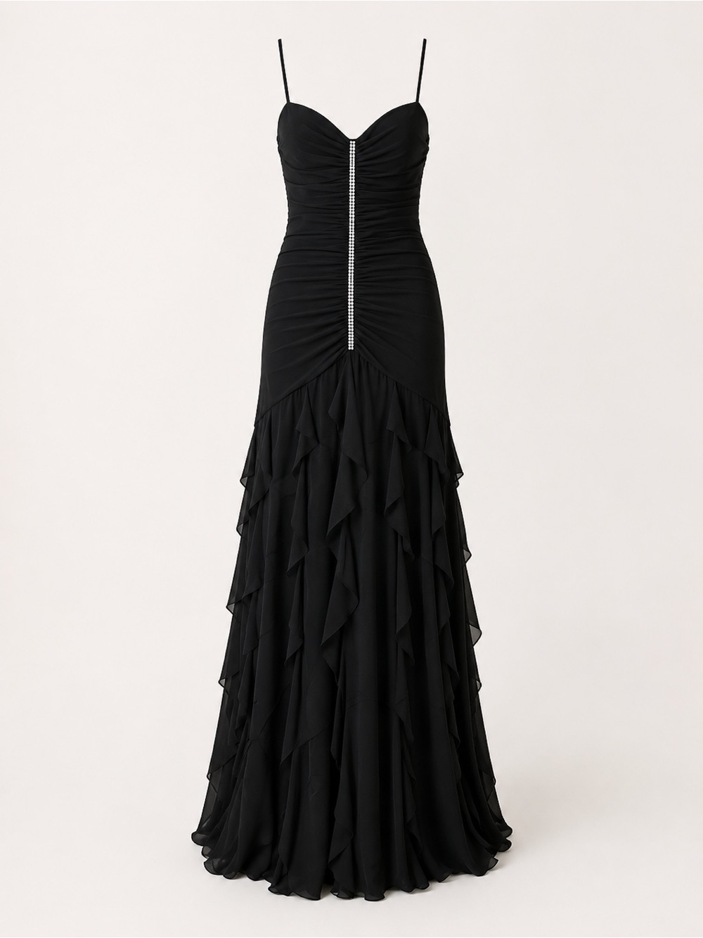 Vintage Cache Black Rhinestone Ruched Ruffle Maxi Evening Gown Dress Size 8